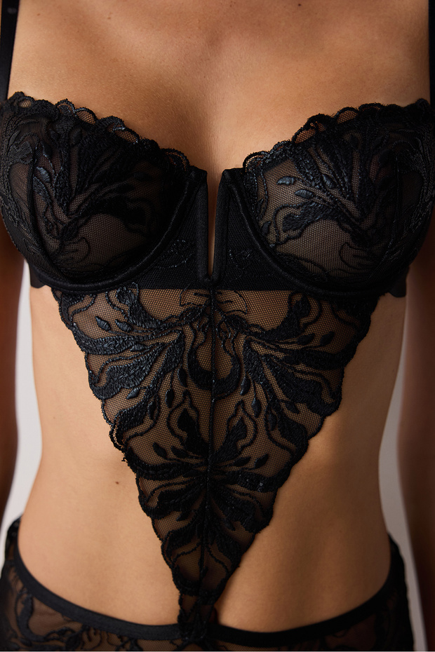V Wire Straplez Siyah Bodysuit - 3