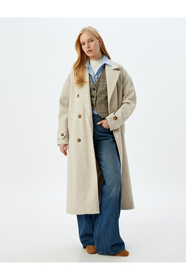 Double Breasted Extra Long Stamp Coat with Pockets and Belt