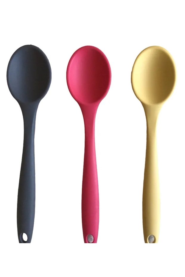 Bybirgül Large Size Fireproof Non-Stick Silicone 3-Piece Spoon Spatula Set, Yellow+Red+Anthracite Color, 3 Pieces