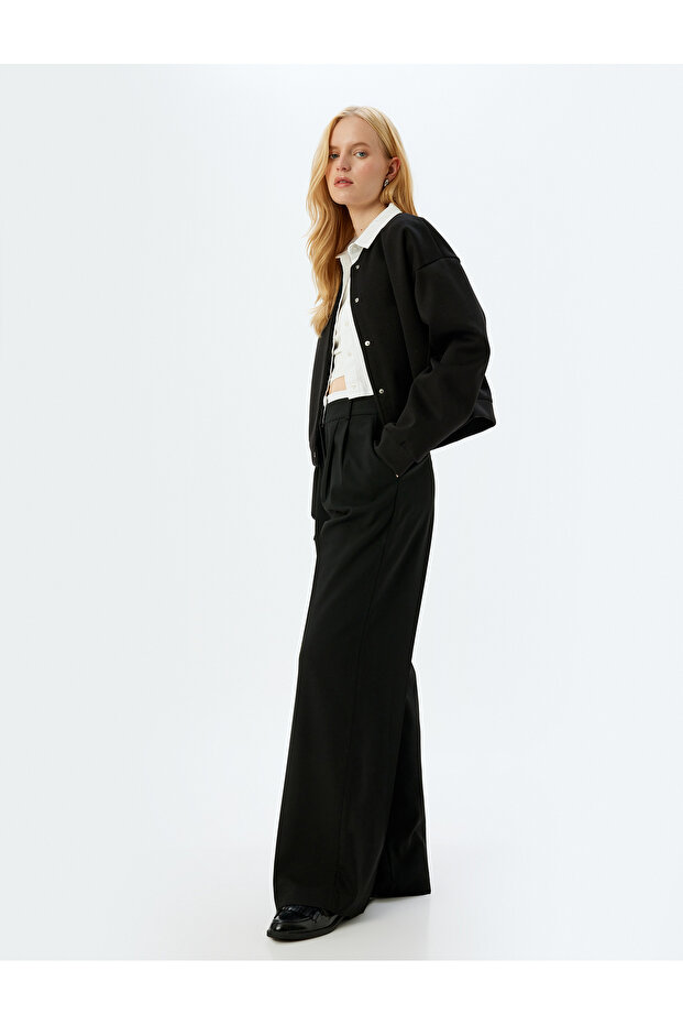 Double Waist Detailed Pocket Pleat Detailed Wide Leg Fabric Trousers