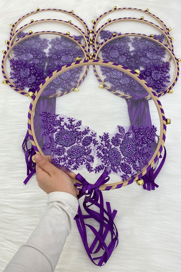 Vip Appliqued Bridal Tambourine Purple, Bridesmaid Wedding Henna Night Circumcision Bachelorette Bride with Bell 30cm 1 Piece