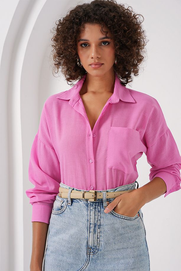 20153 Tek Cepli Oversize Keten Gömlek - Pembe - 1
