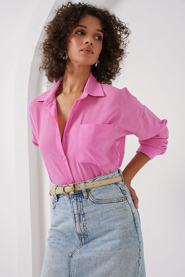 20153 Tek Cepli Oversize Keten Gömlek - Pembe - 3