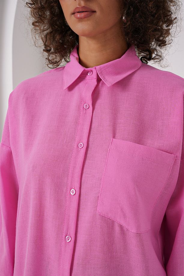 20153 Tek Cepli Oversize Keten Gömlek - Pembe - 5