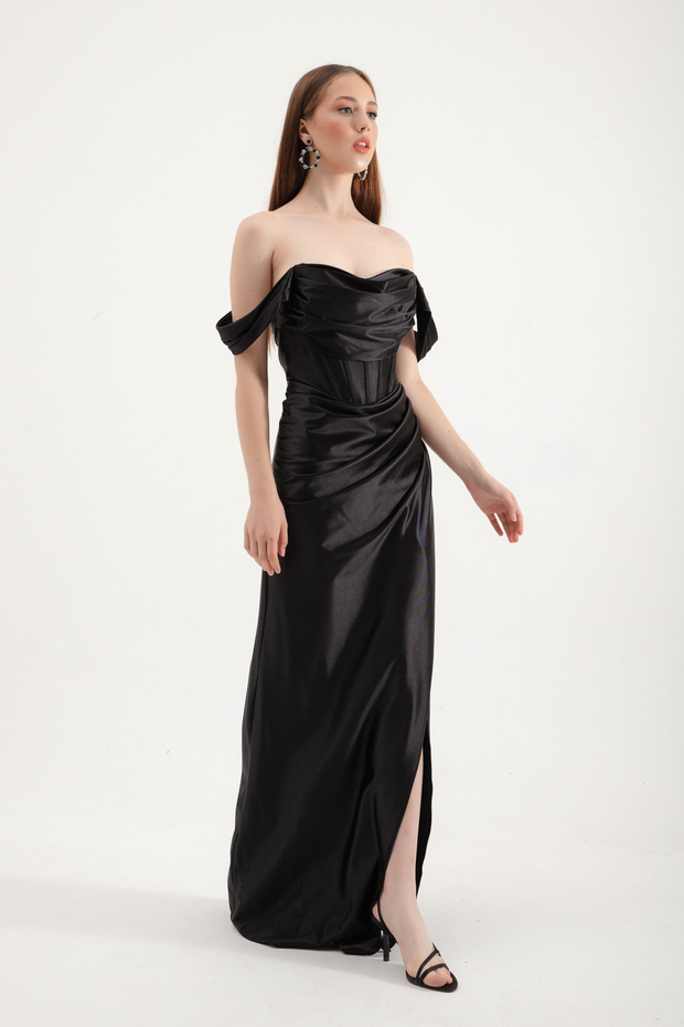 Rochie de seară lungă, neagră, cu decolteu barcă - 3