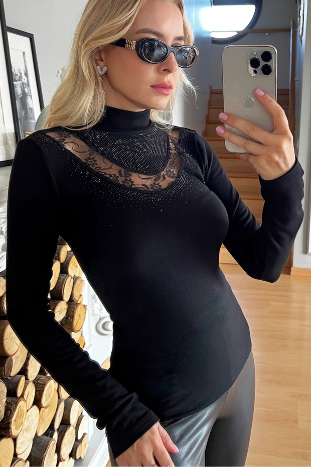 Long Sleeve Turtleneck Women's Black Blouse Crystal Jewelled Lace Lycra Stylish Comfortable Design