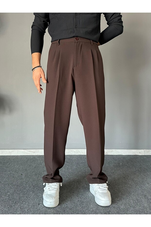 Pleated Brown Baggy Fit Trousers with Elastic Waist