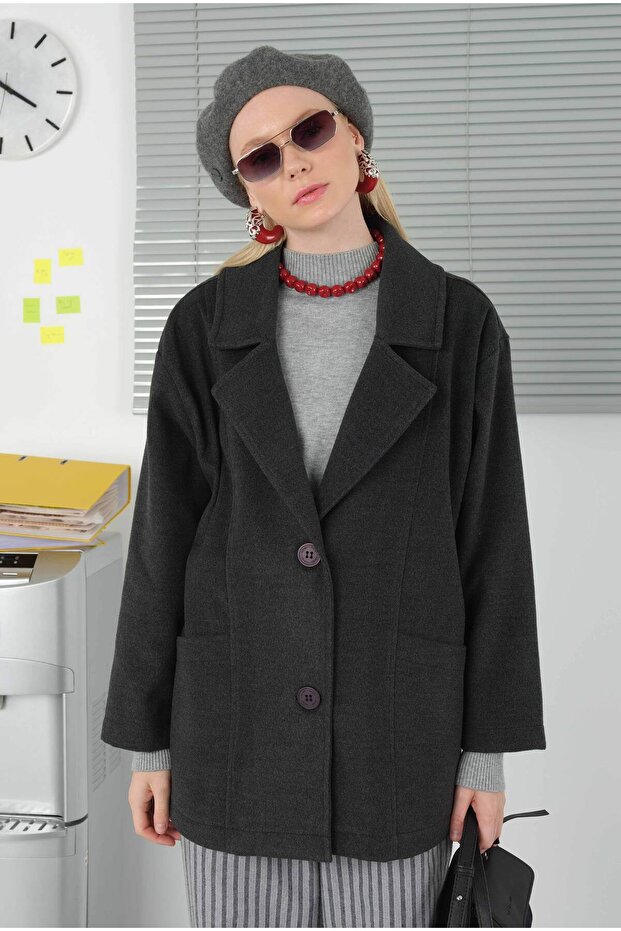 Geniş Yaka Kaşe Kaban Antrasit - 6