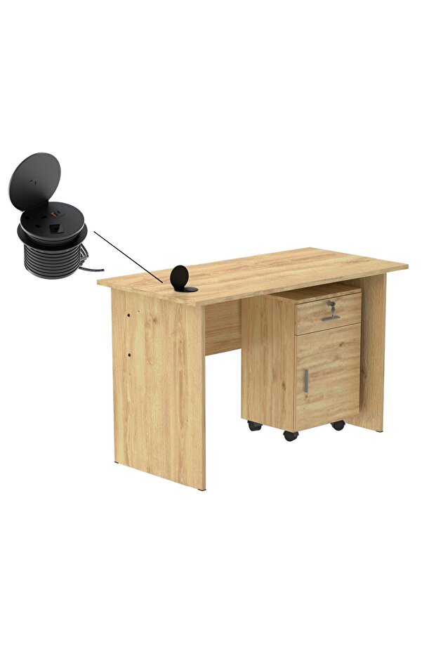 MP1 100x60 Oak Writing Table With Drawers and Black 51-1H Round Desktop Power Module