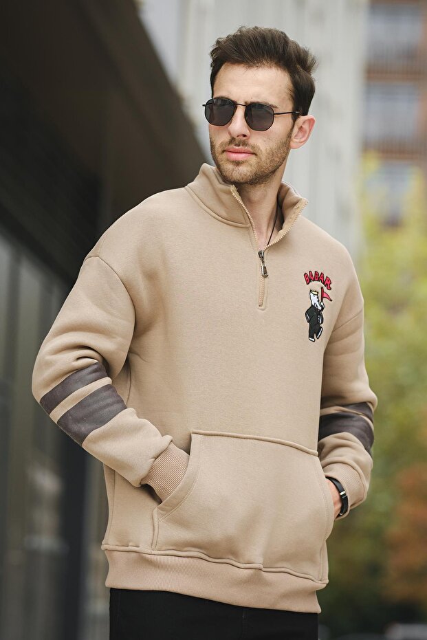 Babar Three Thread Raised Embroidered Zippered High Collar Oversize Men's Sweatshirt