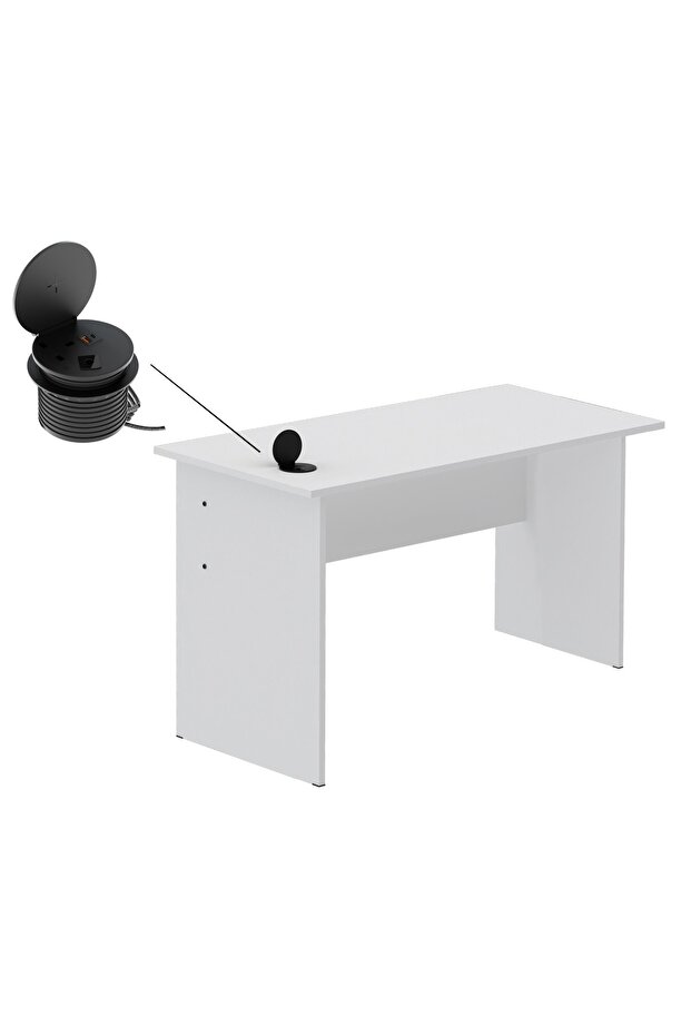 Modern Writing Study Table With Round Desktop Power Module - White - 1