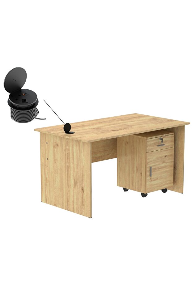 MP1 140x80 Writing Table with Drawers - Oak with 51-1H Round Desktop Power Module - 1