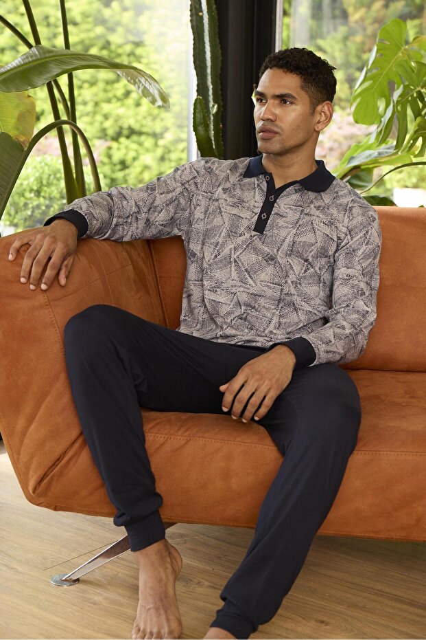 Men's Long Sleeve Polo Collar Gray Pajamas Set C2T4N2O9