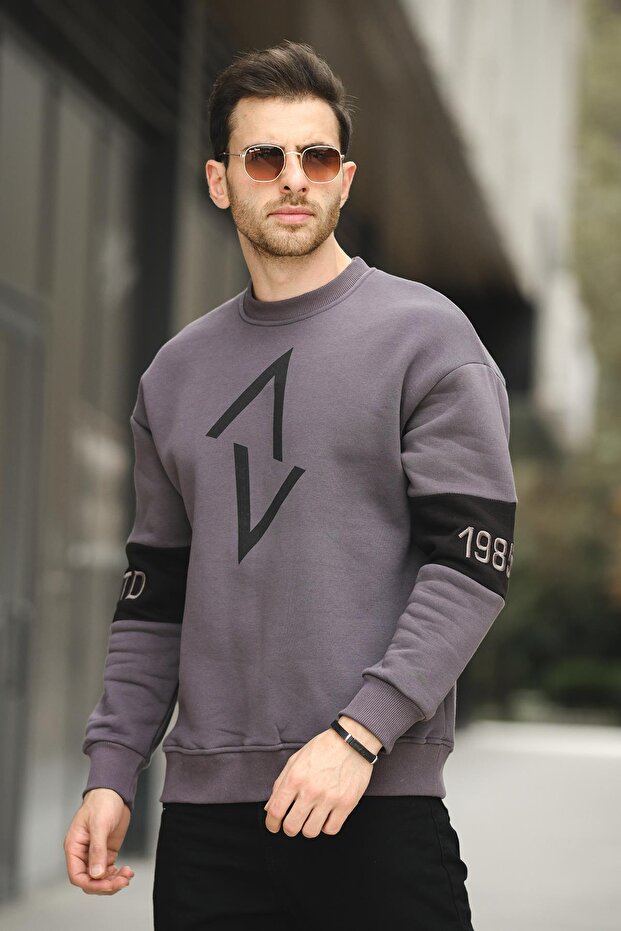 Estd Three Thread Raised Sleeve Embroidered Front Printed Crew Neck Men's Sweatshirt