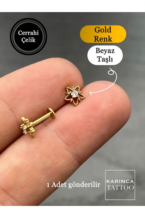 Yıldız Lotus Şık Zirkon Taşlı Piercing Tragus Forward Helix Conch Flat Kulak Memesi Küpe - 1
