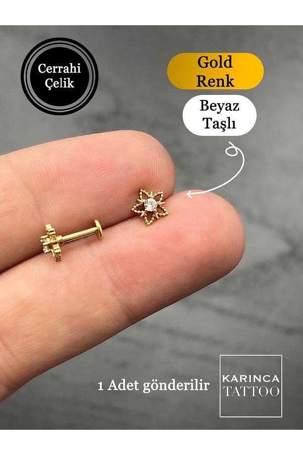 Yıldız Lotus Şık Zirkon Taşlı Piercing Tragus Forward Helix Conch Flat Kulak Memesi Küpe - 2