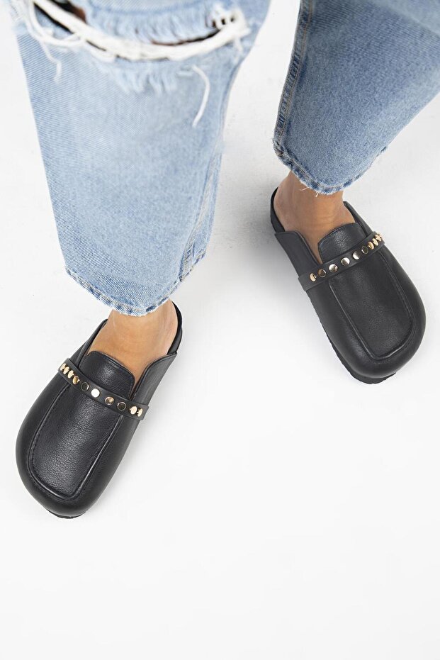 Bonita 2 Women's Genuine Leather Trock Sabo Black Slippers