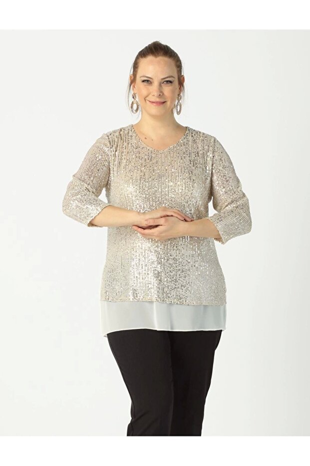 28034 بلوزة ترتر مقاس كبير بيج - 1