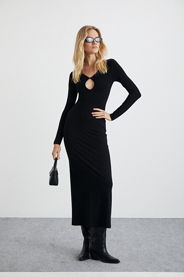 Lurvin women's viscose Stretch Fabric low-cut neck bodycon maxi black dress
