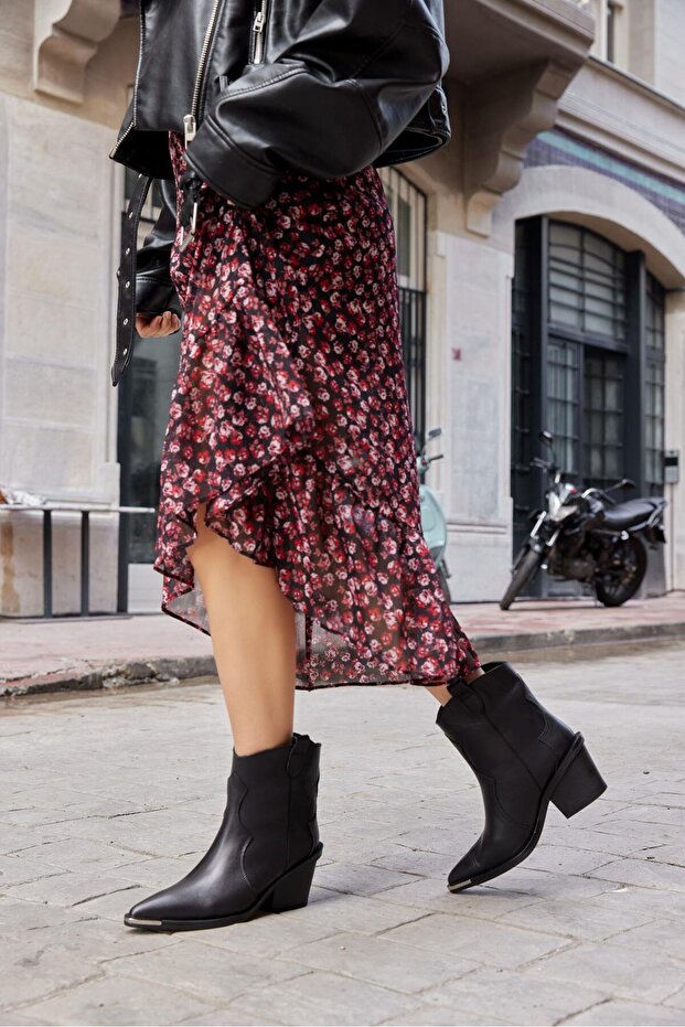 Harvey Siyah Hakiki Deri Topuklu Kovboy Bot - 1