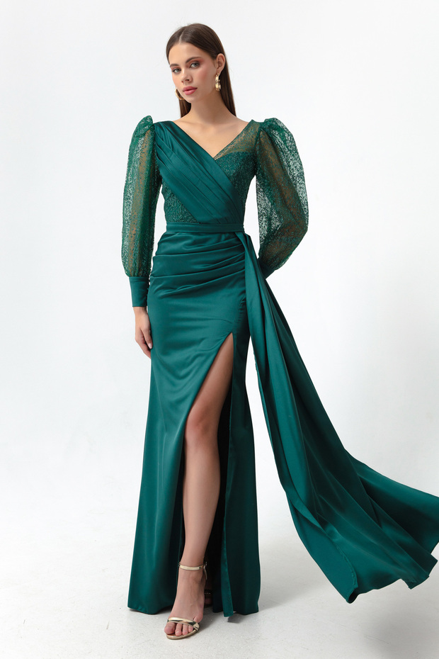 Women's Emerald Green Slim Fit Double-Breasted Neckline Glitter Long Satin Evening Dress