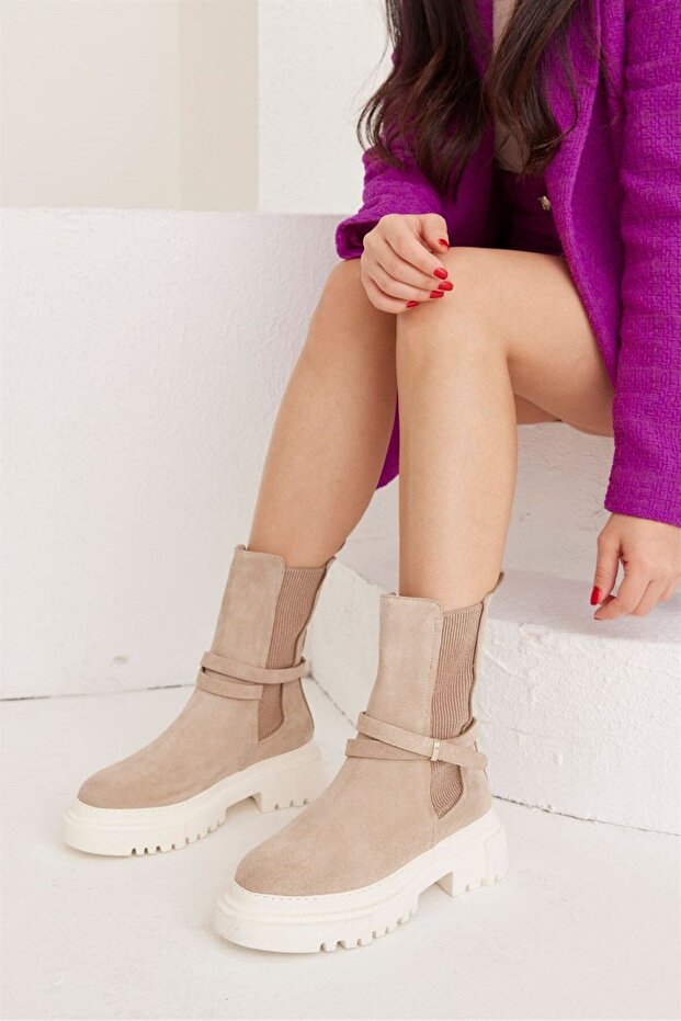 Mayara Bej Süet Deri Kalın Tabanlı Kadın Bot - 1