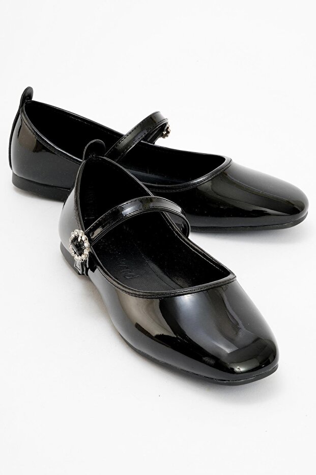 Women's Belted Stoned Blunt-Toe Ballerinas Black Patent Leather