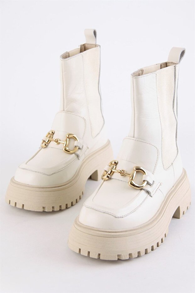 Mickey Bej Hakiki Deri Kalın Tabanlı Kadın Bot - 6