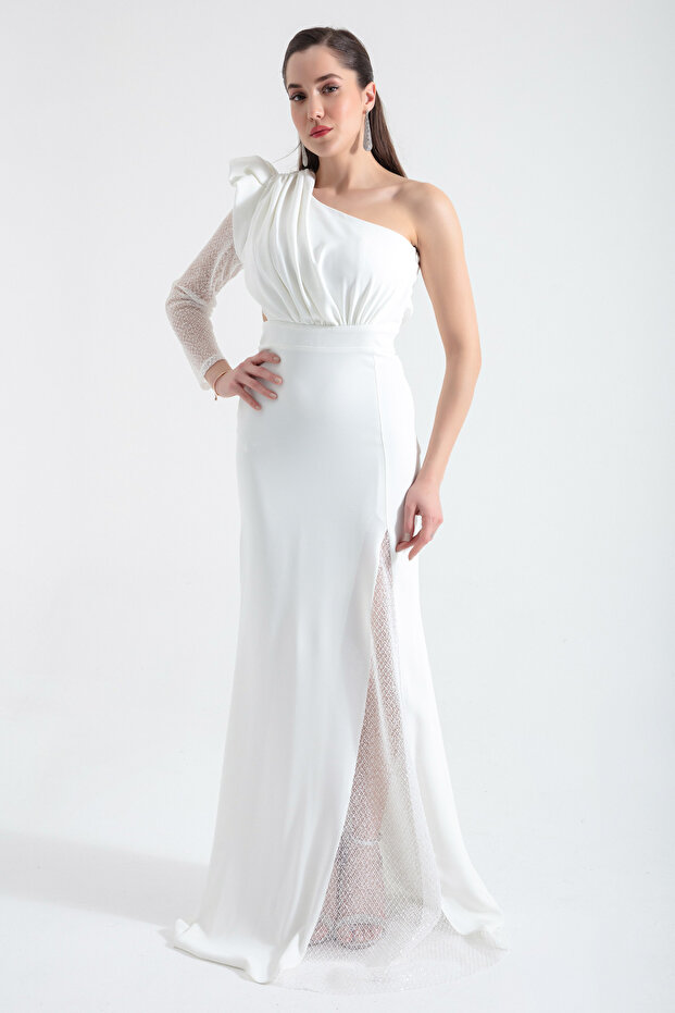 Women's White One Shoulder Stripe Lace Detailed Long Evening Dress