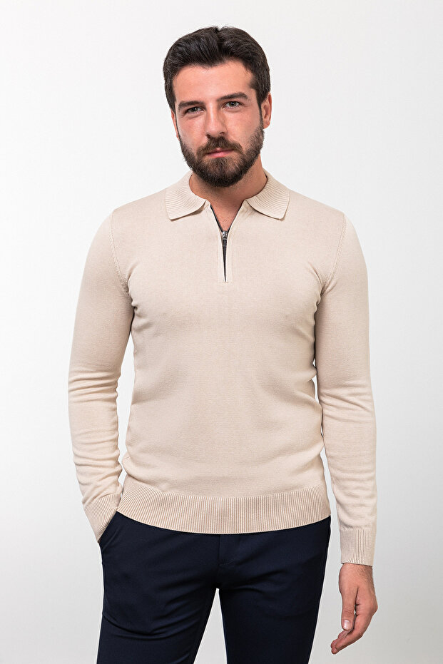 Plain Slim Fit Zippered Polo Neck Men's Knitwear Sweater Beige - 11451.23K