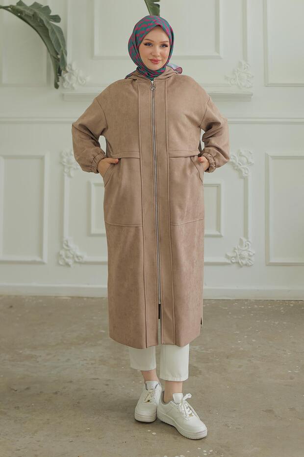 Hooded Long Zippered Cap with Elasticated Sleeves Mink 24Kt502
