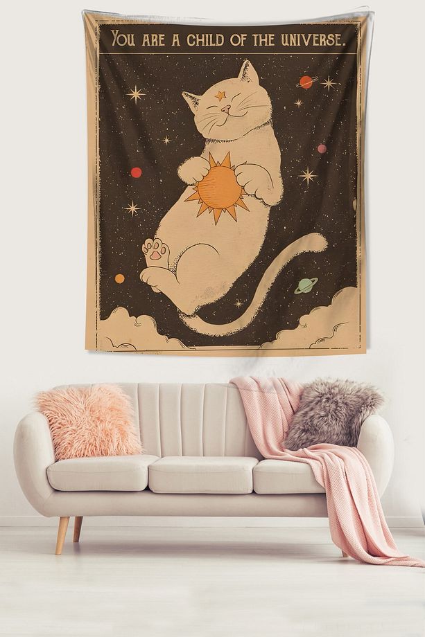 Güneşe Sarılan Kedi Evrenin Çocuklarıyız Leke Tutmaz Kumaş Duvar Örtüsü Duvar Halısı Tapestry - 1