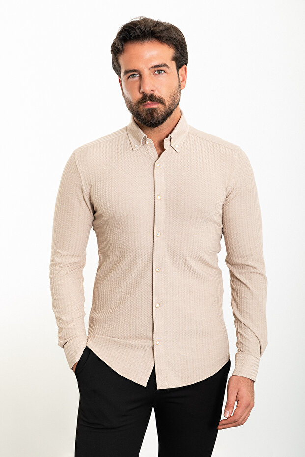 Striped Slim Fit Men's Shirt Beige - 37838.23K