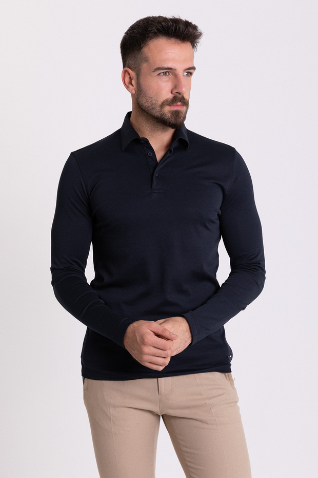 Plain Slim Fit Long Sleeve Polo Neck Men's T-Shirt Navy Blue - 36672.21K