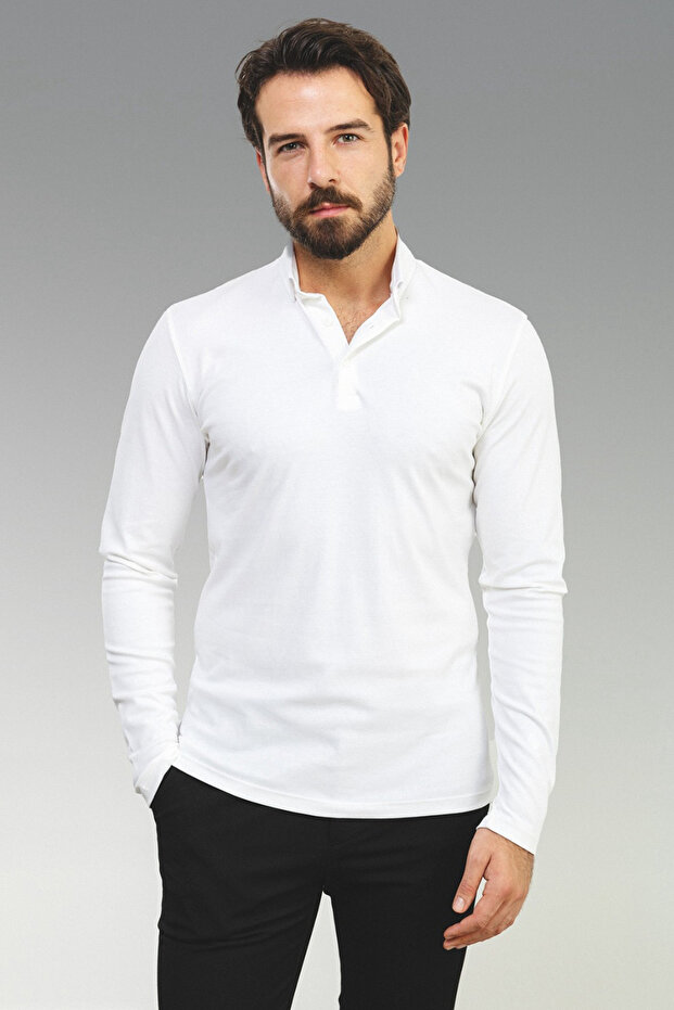 Plain Slim Fit Polo Neck Long Sleeve Men's T-Shirt Ecru - 36765.22K