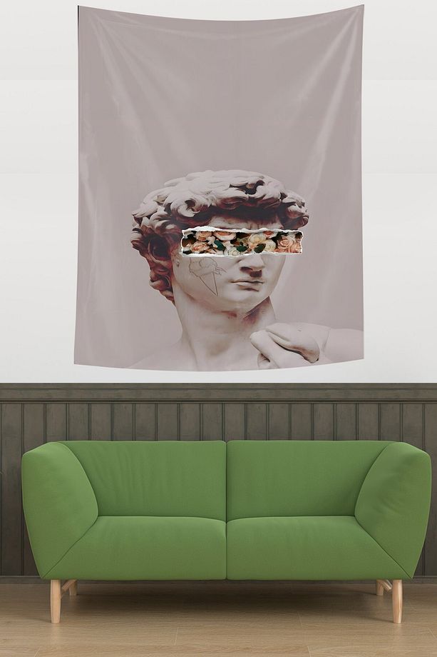Çiçekli Heykel Kafası Leke Tutmaz Kumaş Duvar Örtüsü Duvar Halısı Tapestry - 3