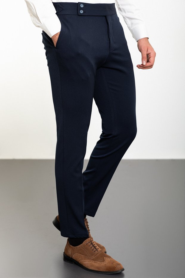 Straight Super Slim Fit Men's Trousers with Belt Detail and Buckle, Navy Blue - 38192.23K