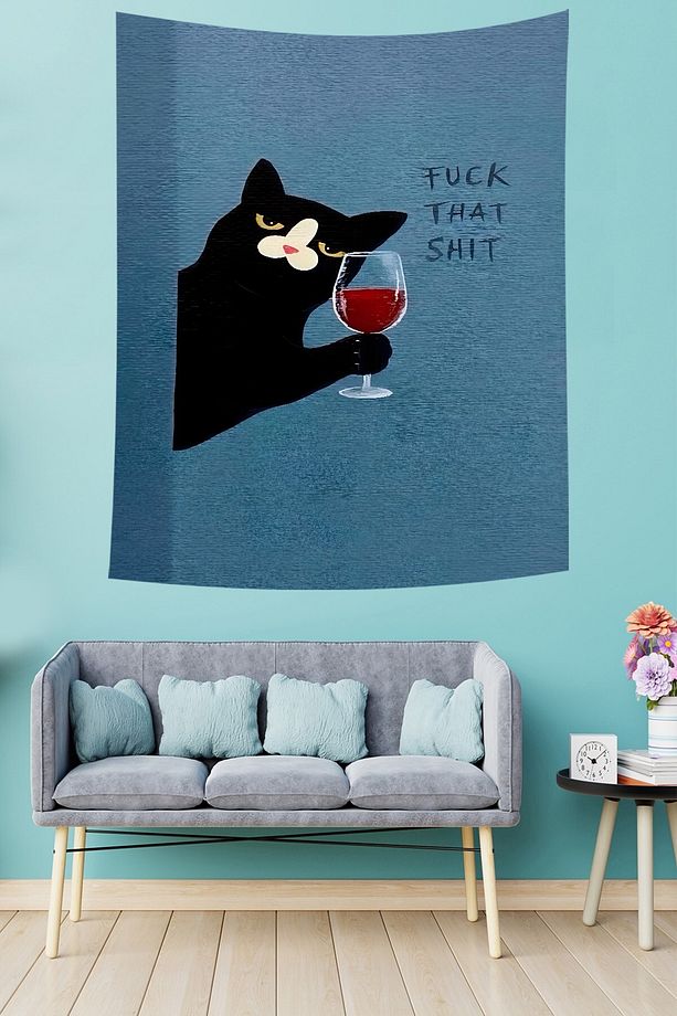 Şarapçı Kedi Leke Tutmaz Kumaş Duvar Örtüsü Duvar Halısı Tapestry - 3