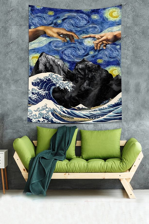 Van Gogh Yıldızlı Geceler Ademin Yaratılışı Leke Tutmaz Kumaş Duvar Örtüsü Duvar Halısı Tapestry - 3