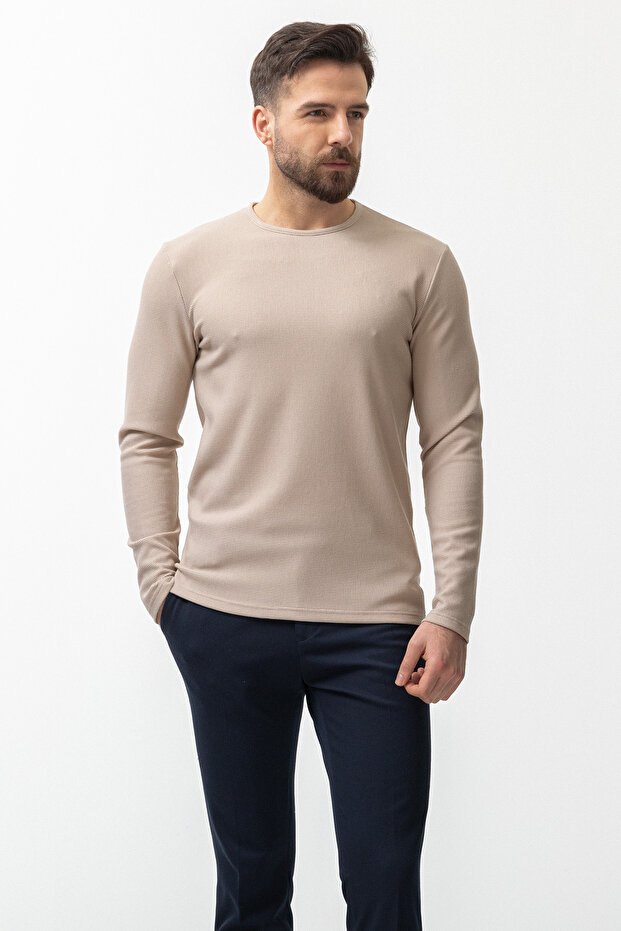 Slim Fit Long Sleeve Crew Neck Men's T-Shirt Beige - 36679.21K