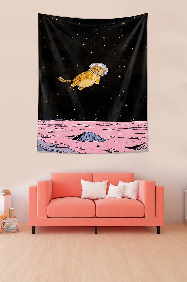 Uzayda Süzülen Sevimli Astronot Kedi Leke Tutmaz Kumaş Duvar Örtüsü Duvar Halısı Tapestry - 3
