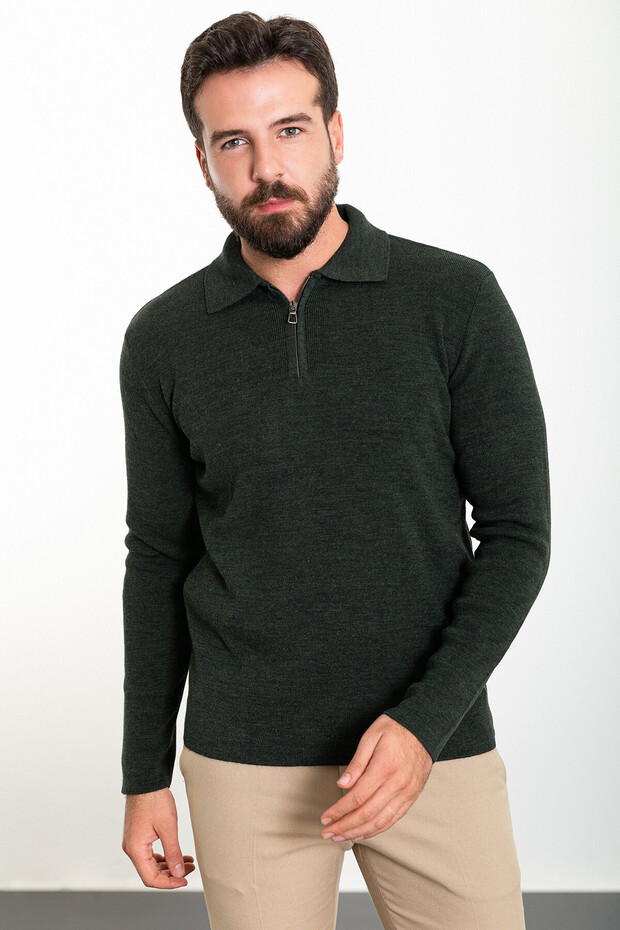 Plain Slim Fit Zippered Polo Neck Men's Knitwear Sweater Khaki - 11464.23K