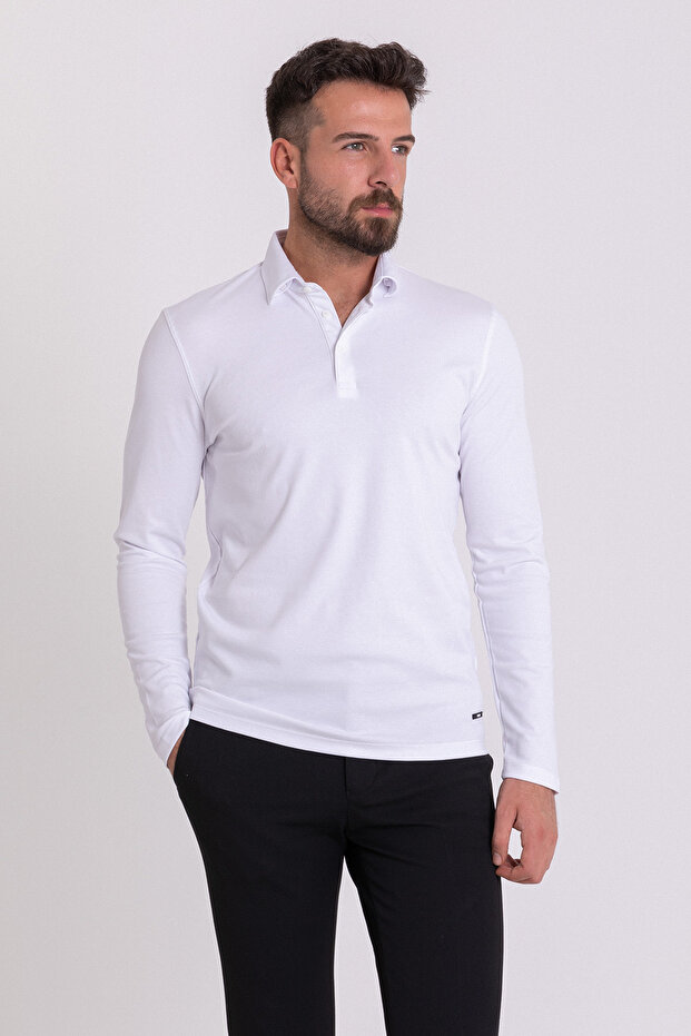 Plain Slim Fit Long Sleeve Polo Neck Men's T-Shirt Ecru - 36672.21K