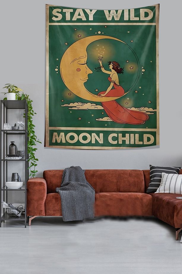 Ayda Oturan Genç Kadın Stay Wild Moon Child Leke Tutmaz Kumaş Duvar Örtüsü Duvar Halısı Tapestry - 3