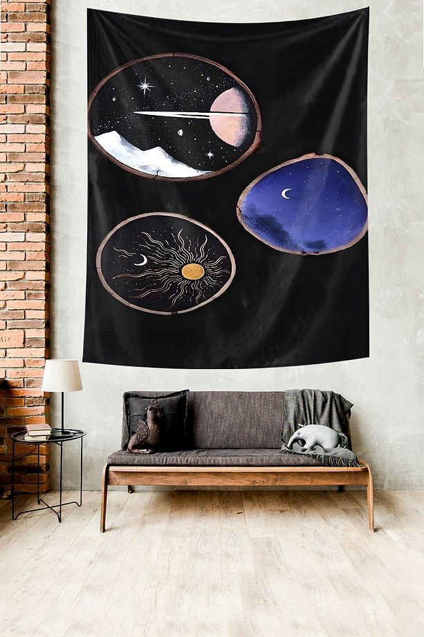 Galaksi Ay Güneş Gece Manzaralı Leke Tutmaz Kumaş Duvar Örtüsü Duvar Halısı Tapestry - 3