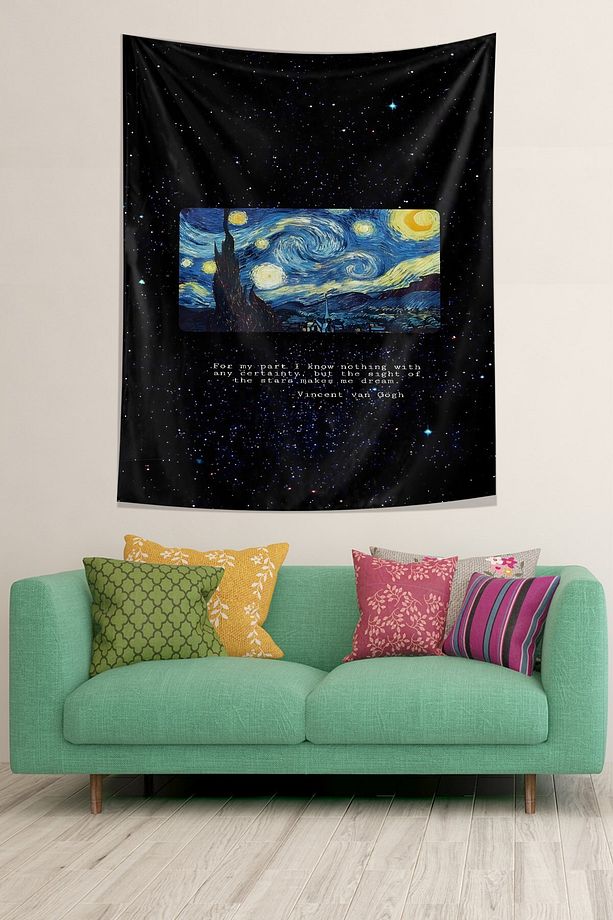 Yıldızlı Gecler Van Gog Sözü Leke Tutmaz Kumaş Duvar Örtüsü Duvar Halısı Tapestry - 1