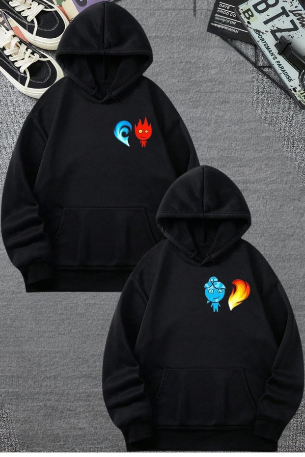 Fire and Water Printed Lover Combination Design Sweatshirt
