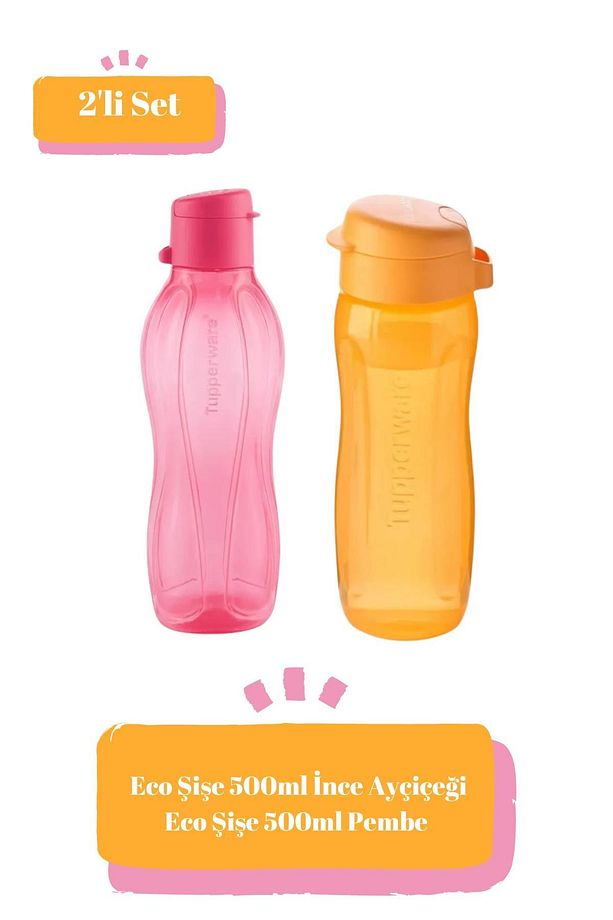 Eco Şişe 500 ml İnce Ayçiçeği ve Pembe Suluk Matara Çevre Dostu 2'li Set - 1