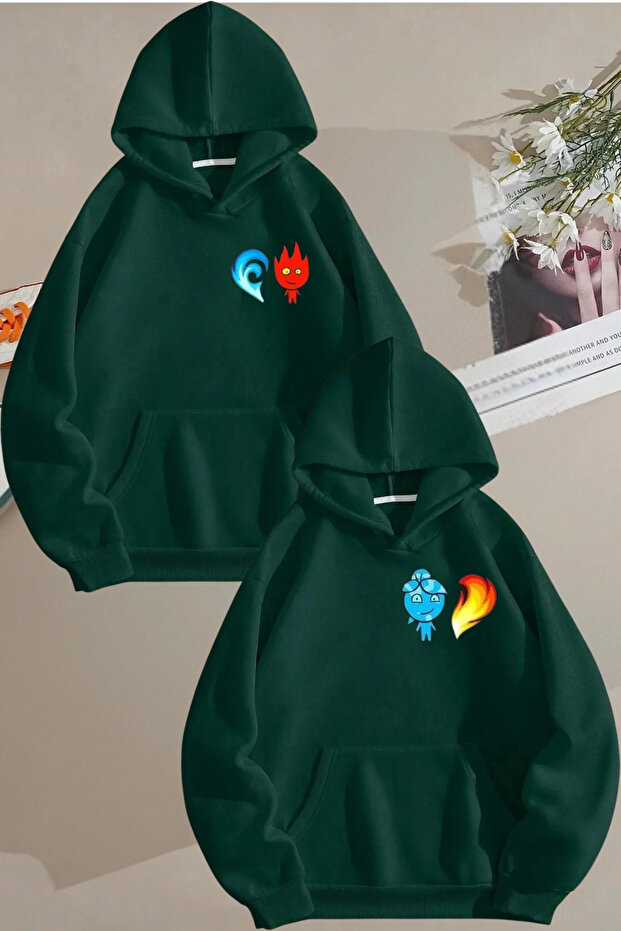 Fire and Water Printed Lover Combination Design Sweatshirt