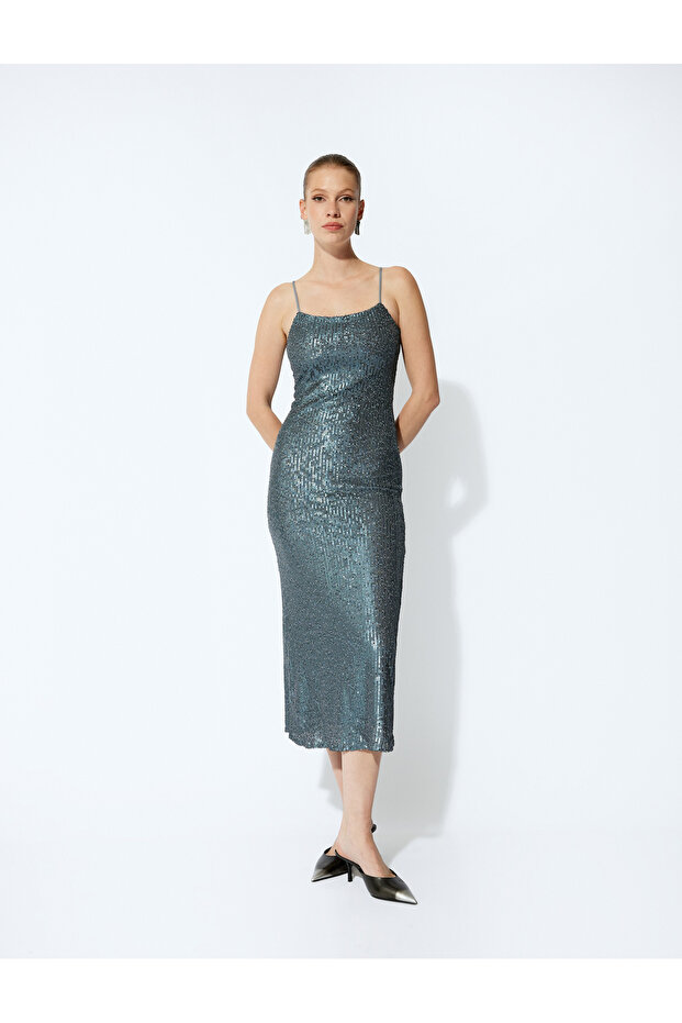 Long Sequined Dress with Thin Straps Slim Fit Square Neckline